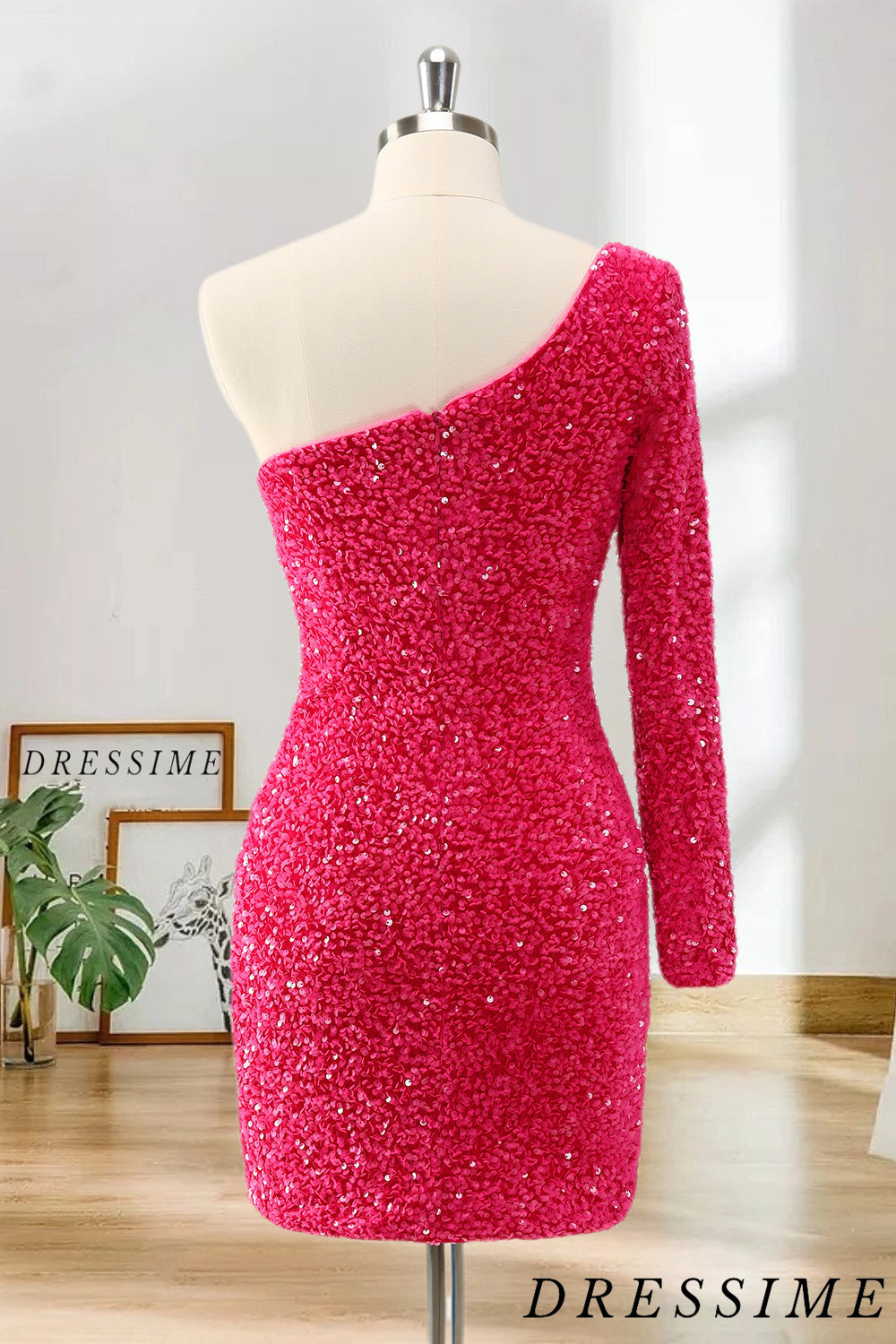 Dressime Shiny One Shoulder Sequin Homecoming Dresses With Long Sleeve dressime