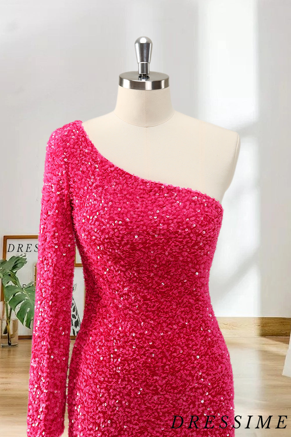 Dressime Shiny One Shoulder Sequin Homecoming Dresses With Long Sleeve dressime