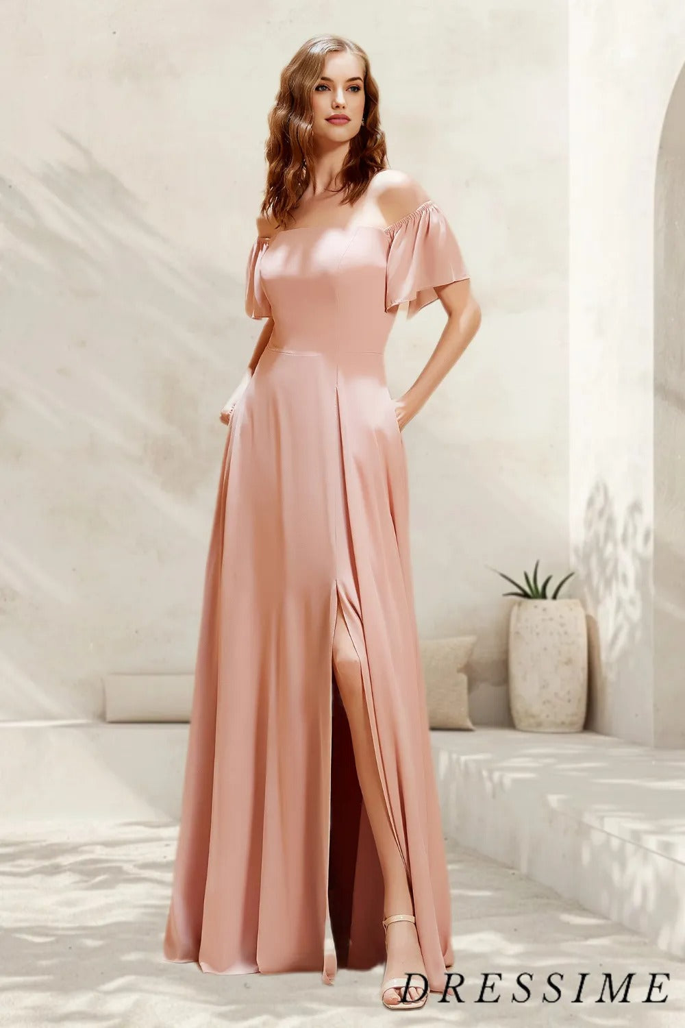 Dressime Simple A Line Off The Shoulder Chiffon Floor Length Bridesmaid Dress With Slit dressime