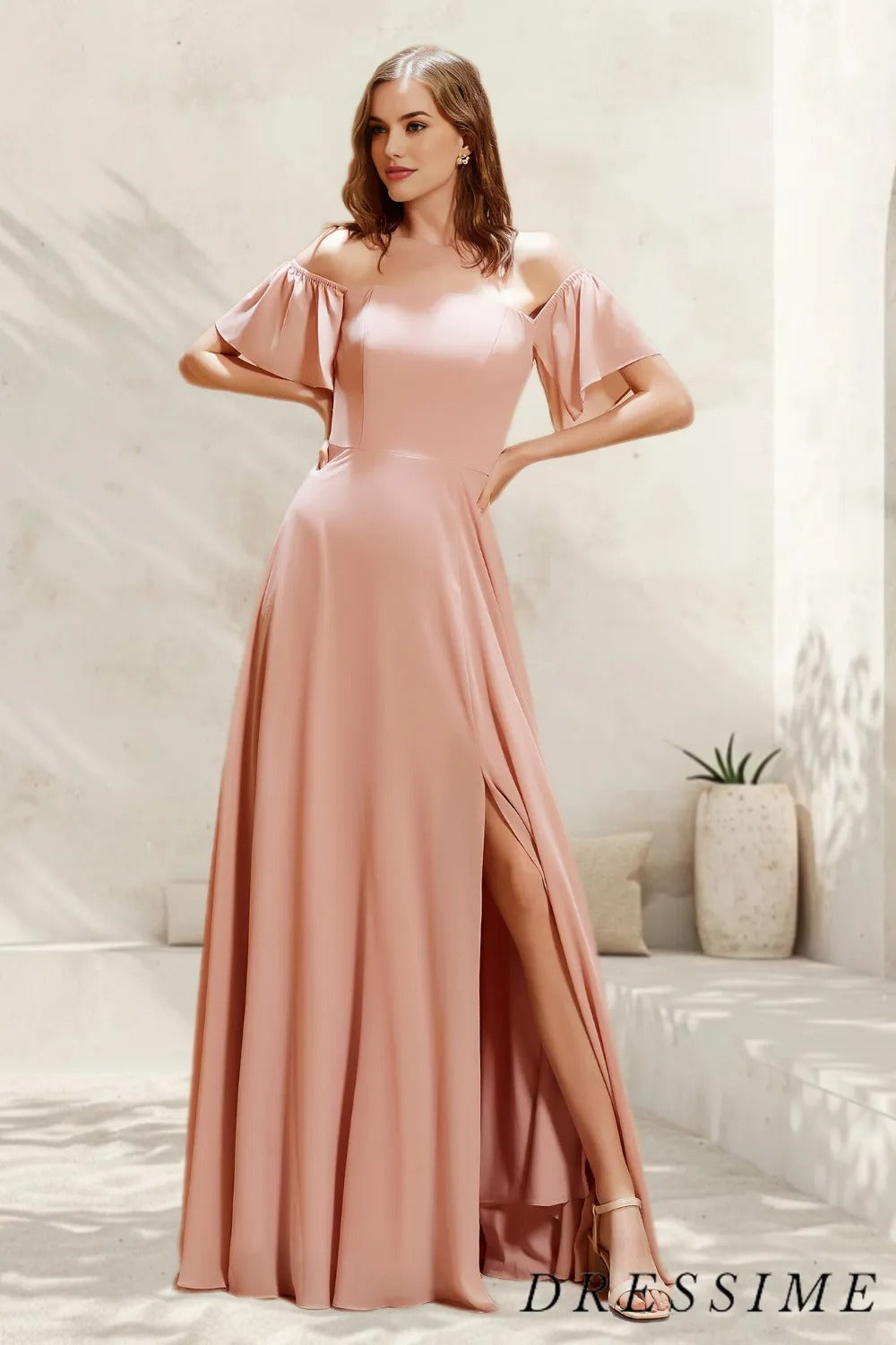 Dressime Simple A Line Off The Shoulder Chiffon Floor Length Bridesmaid Dress With Slit dressime