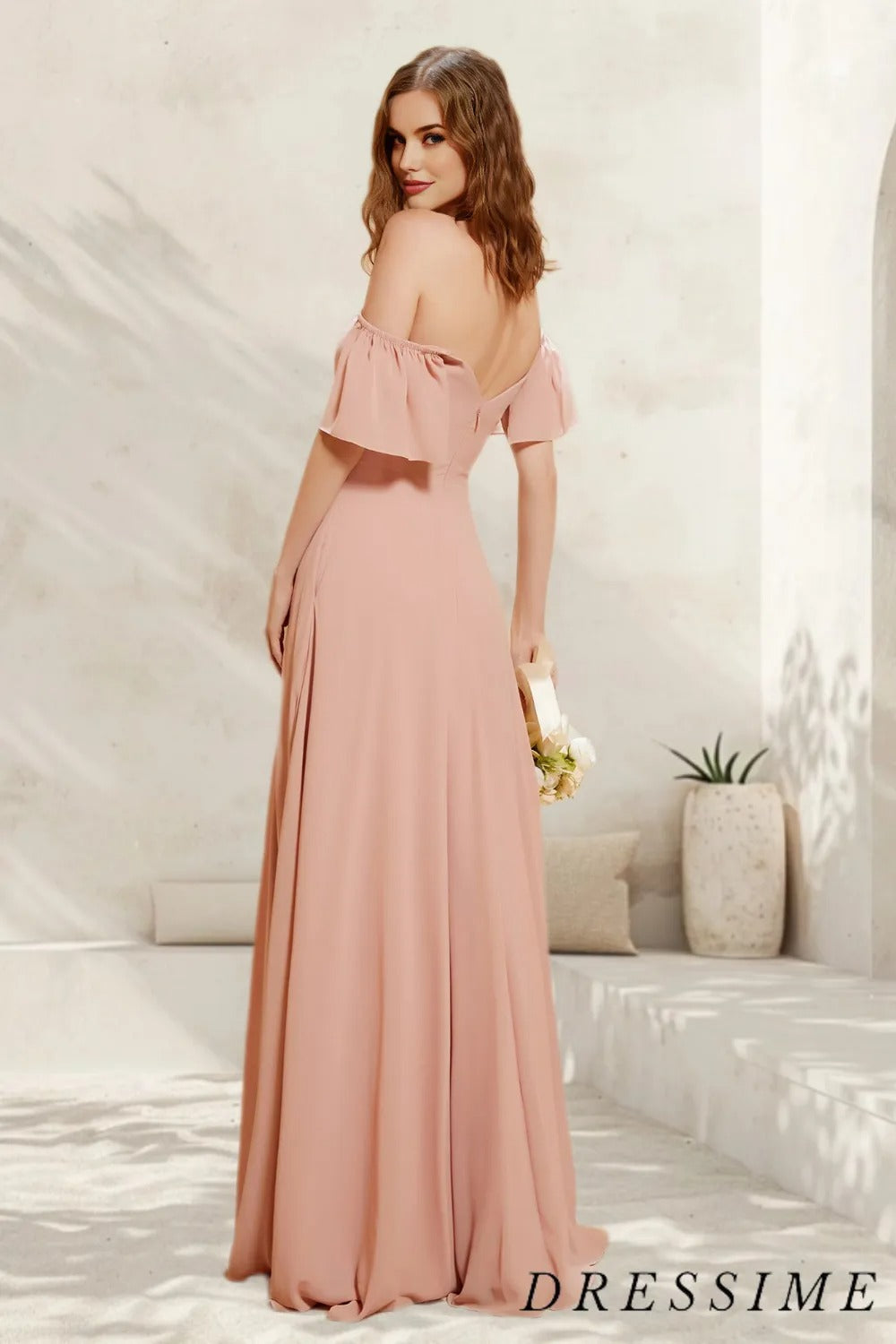 Dressime Simple A Line Off The Shoulder Chiffon Floor Length Bridesmaid Dress With Slit dressime