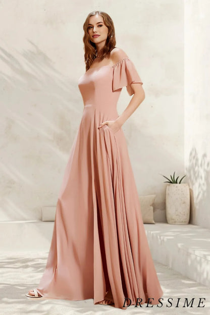 Dressime Simple A Line Off The Shoulder Chiffon Floor Length Bridesmaid Dress With Slit dressime