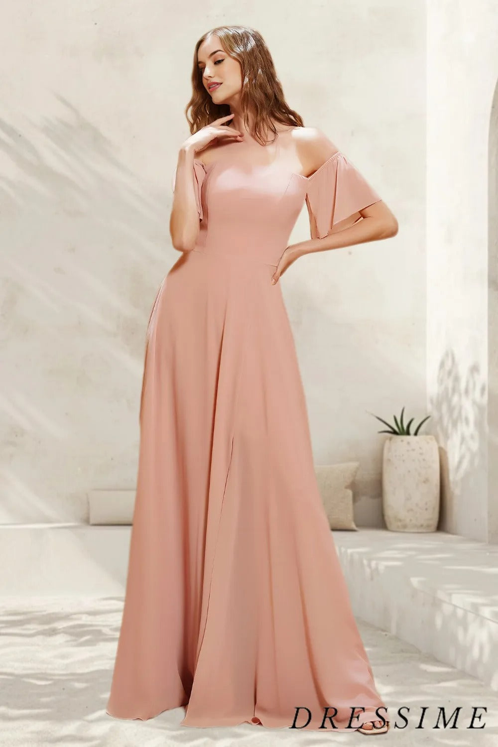 Dressime Simple A Line Off The Shoulder Chiffon Floor Length Bridesmaid Dress With Slit dressime