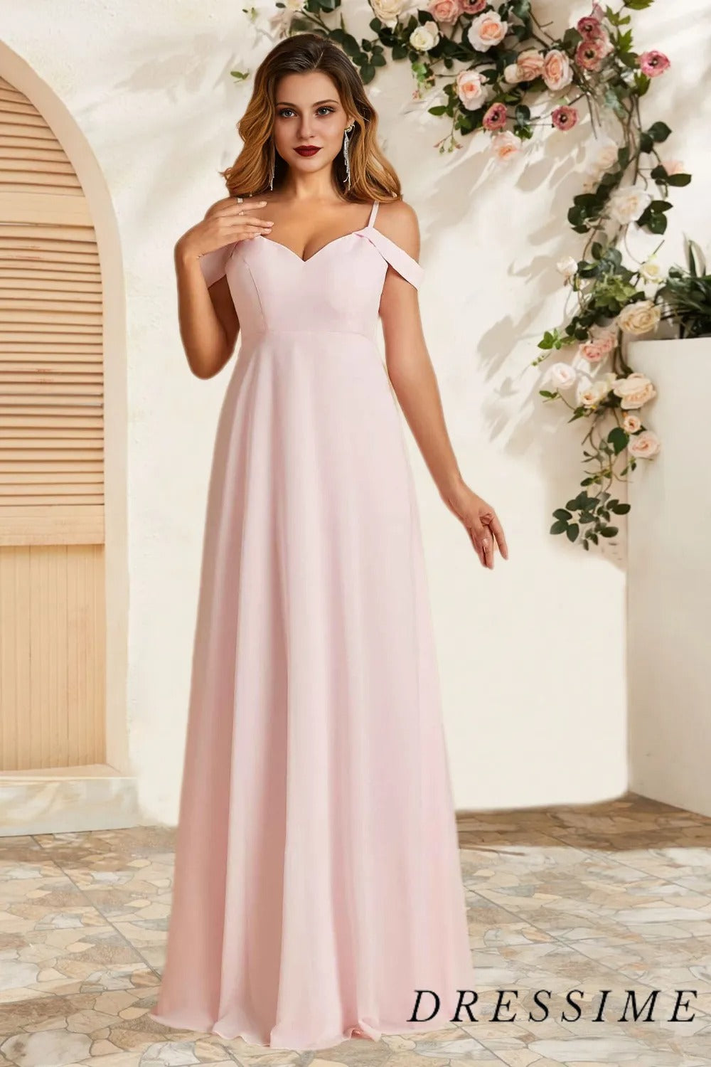 Dressime Simple A Line Off The Shoulder Chiffon Long Bridesmaid Dress dressime