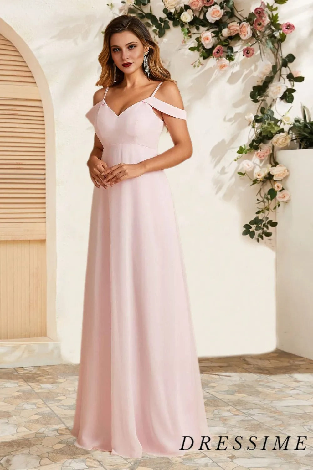 Dressime Simple A Line Off The Shoulder Chiffon Long Bridesmaid Dress dressime