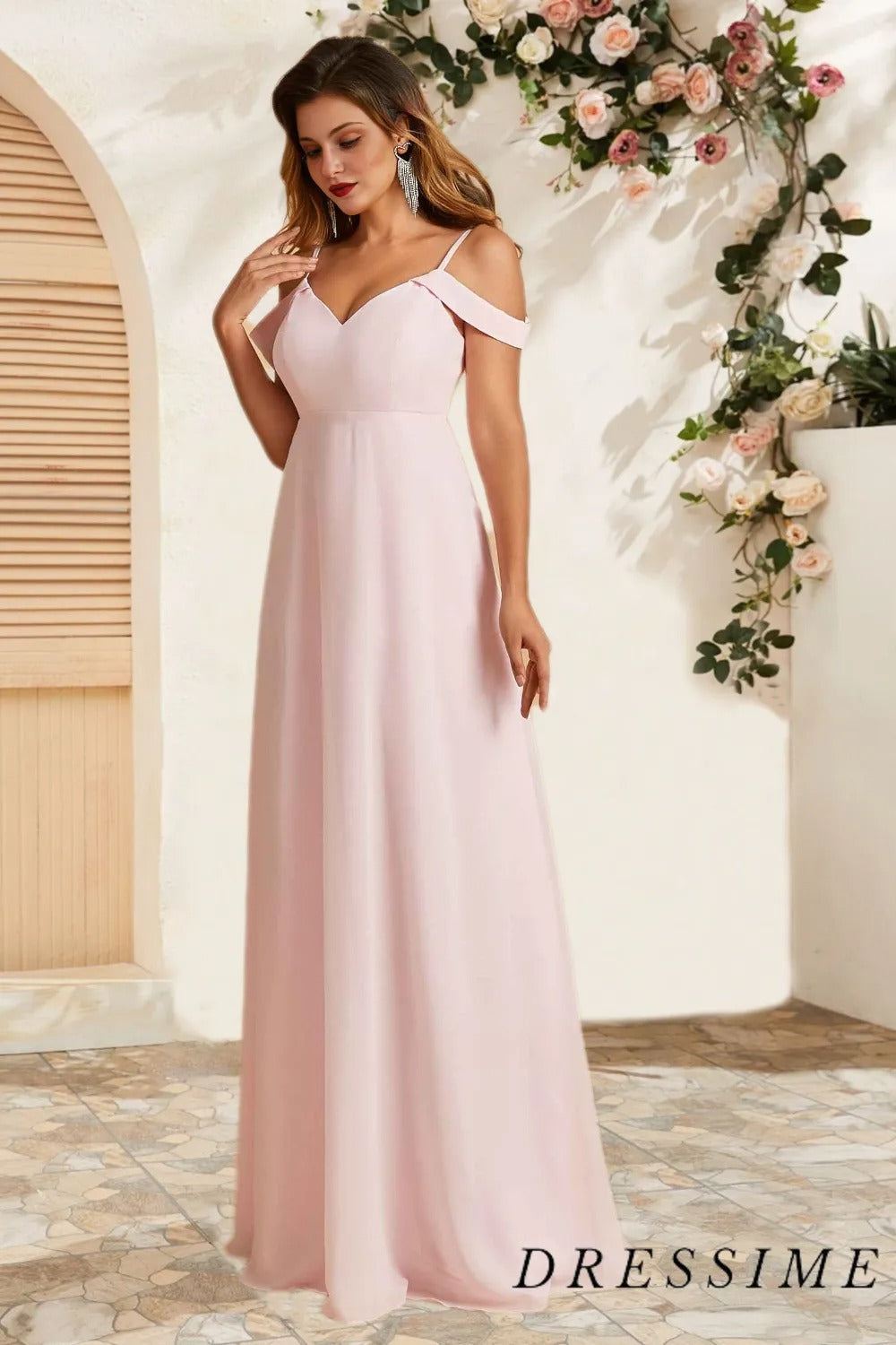 Dressime Simple A Line Off The Shoulder Chiffon Long Bridesmaid Dress dressime