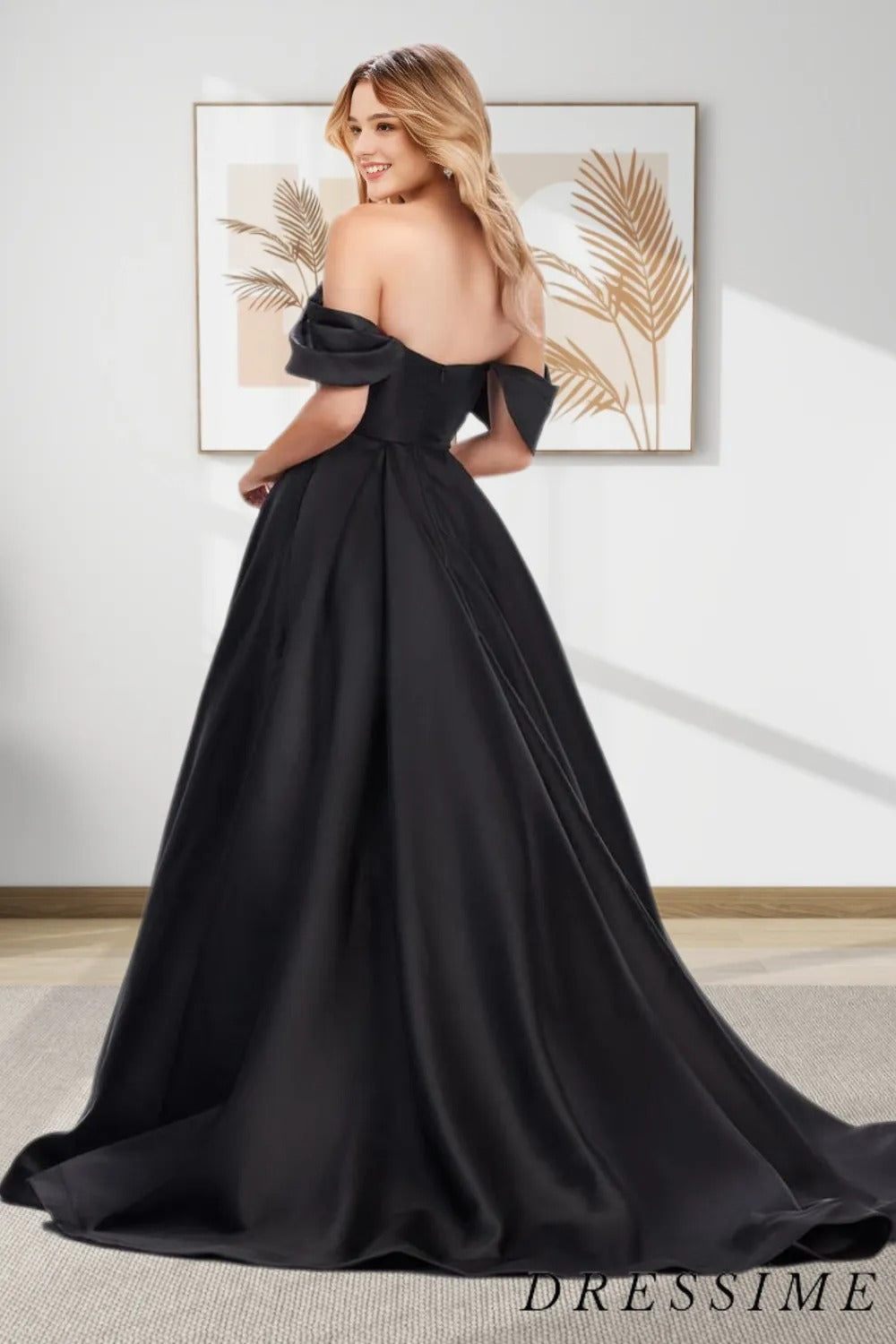 Dressime Simple A Line Off The Shoulder Satin Long Prom Dress dressime