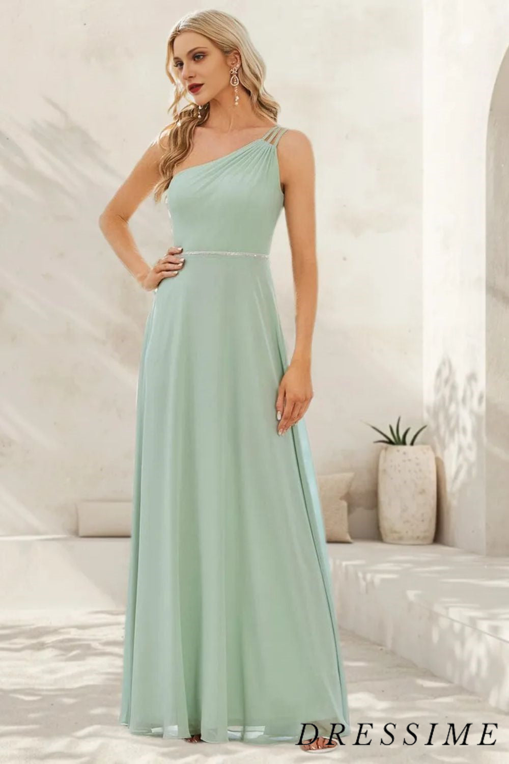 Dressime Simple A Line One Shoulder Chiffon Floor Length Bridesmaid Dress dressime