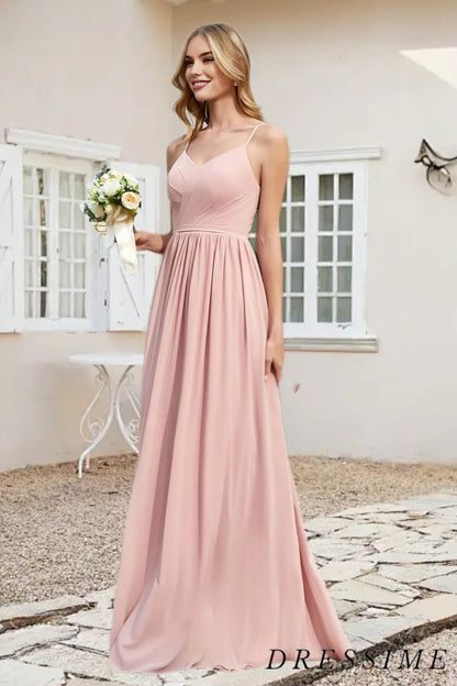 Dressime Simple A Line Spaghetti Straps Chiffon Long Bridesmaid Dress With Slit dressime