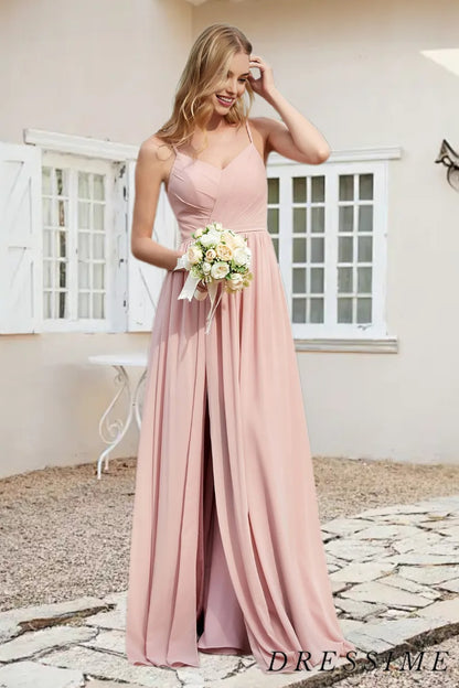 Dressime Simple A Line Spaghetti Straps Chiffon Long Bridesmaid Dress With Slit dressime