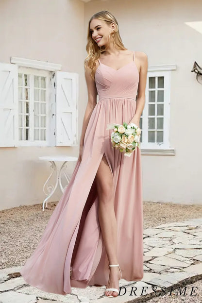 Dressime Simple A Line Spaghetti Straps Chiffon Long Bridesmaid Dress With Slit dressime