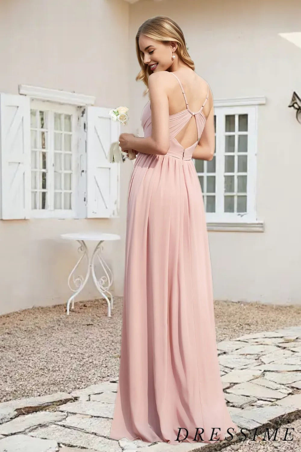 Dressime Simple A Line Spaghetti Straps Chiffon Long Bridesmaid Dress With Slit dressime