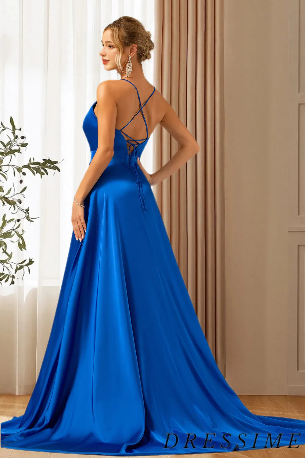 Dressime Simple A Line Spaghetti Straps Satin Long Prom Dress With Slit dressime