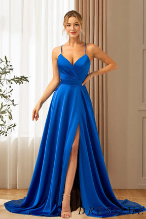 Dressime Simple A Line Spaghetti Straps Satin Long Prom Dress With Slit dressime