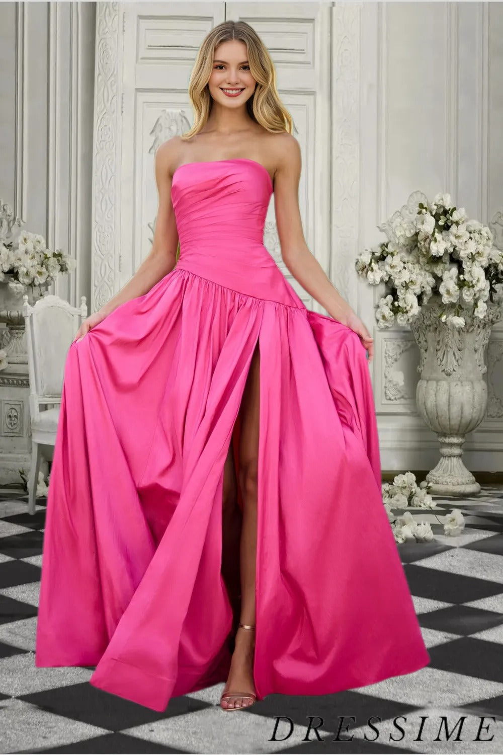 Dressime Simple A Line Strapless Satin Long Prom Dress with Slit dressime