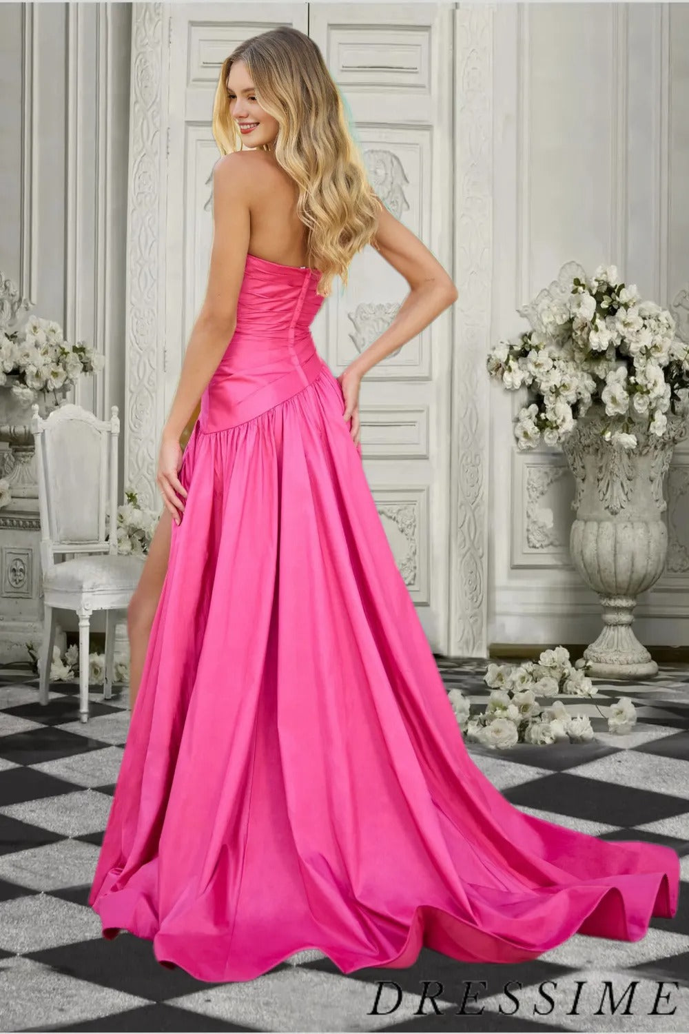 Dressime Simple A Line Strapless Satin Long Prom Dress with Slit dressime