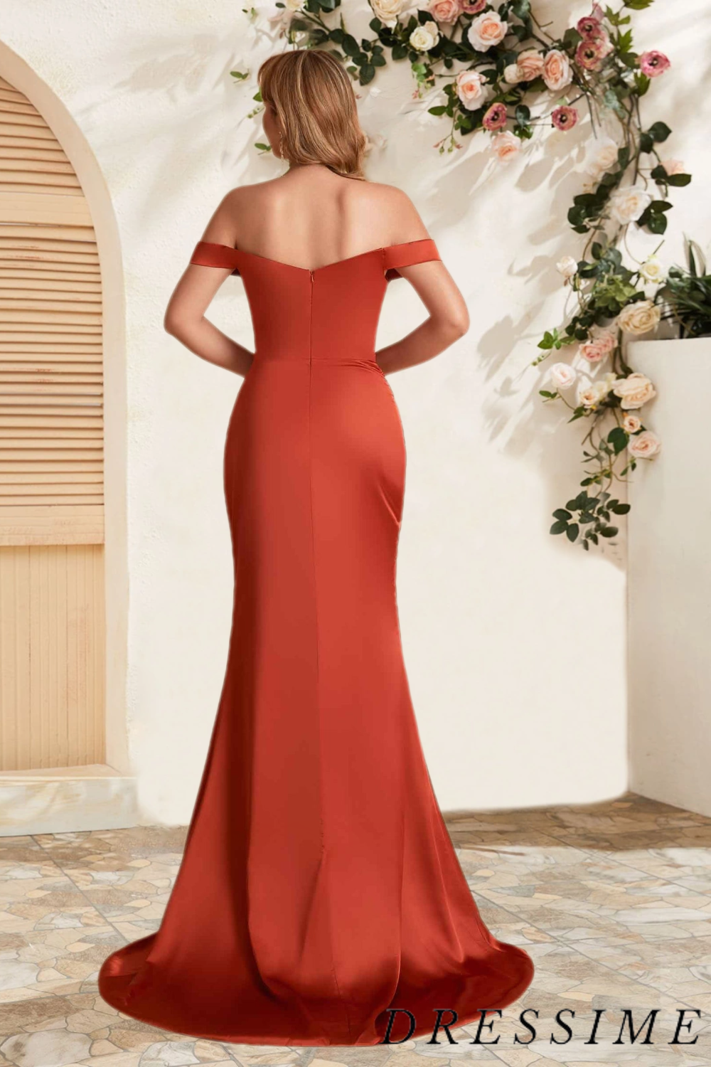 Dressime Simple Mermaid Off The Shoulder Satin Long Bridesmaid Dress With Slit dressime