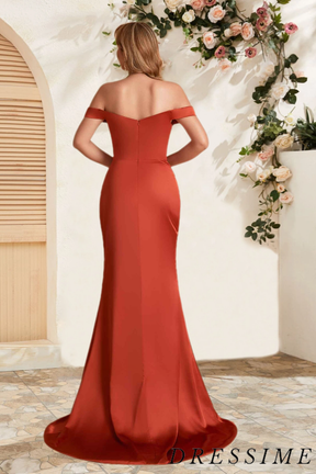 Dressime Simple Mermaid Off The Shoulder Satin Long Bridesmaid Dress With Slit dressime