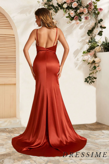 Dressime Simple Mermaid Spaghetti Straps Satin Long Bridesmaid Dress With Slit dressime