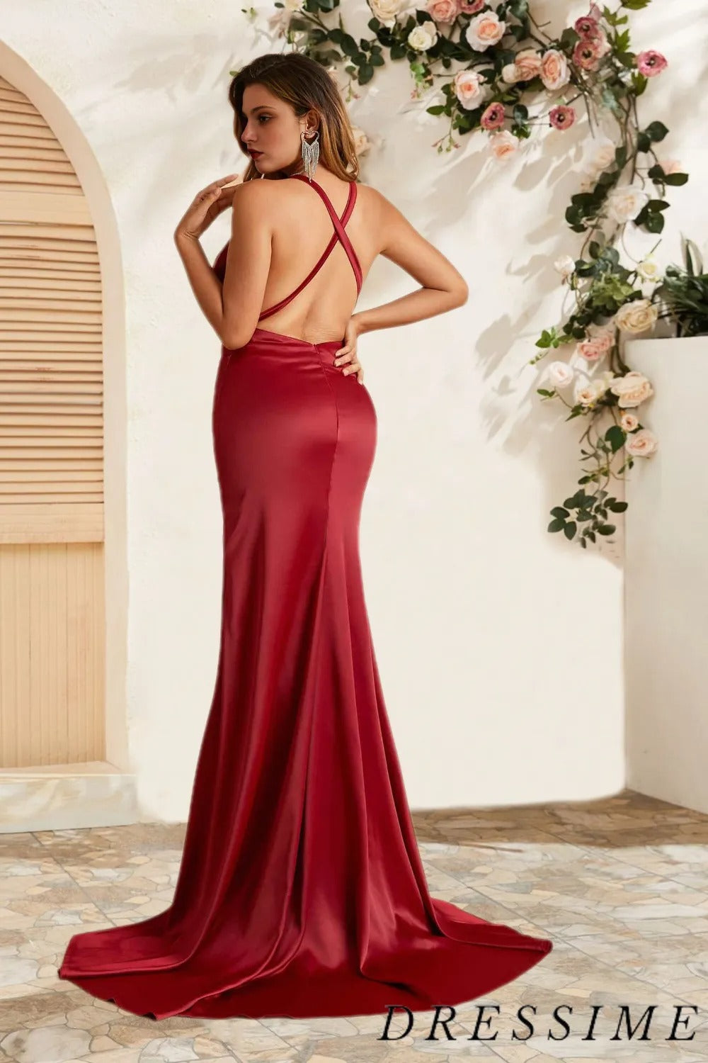 Dressime Simple Mermaid V Neck Satin Long Bridesmaid Dress With Slit dressime