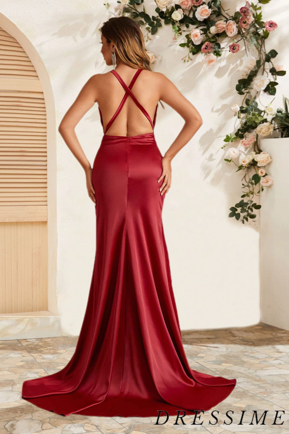 Dressime Simple Mermaid V Neck Satin Long Bridesmaid Dress With Slit dressime