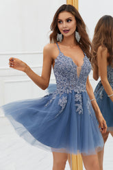 Dressime Simple Spaghetti Straps Tulle Vintage Homecoming Dress with Lace Appliques dressime