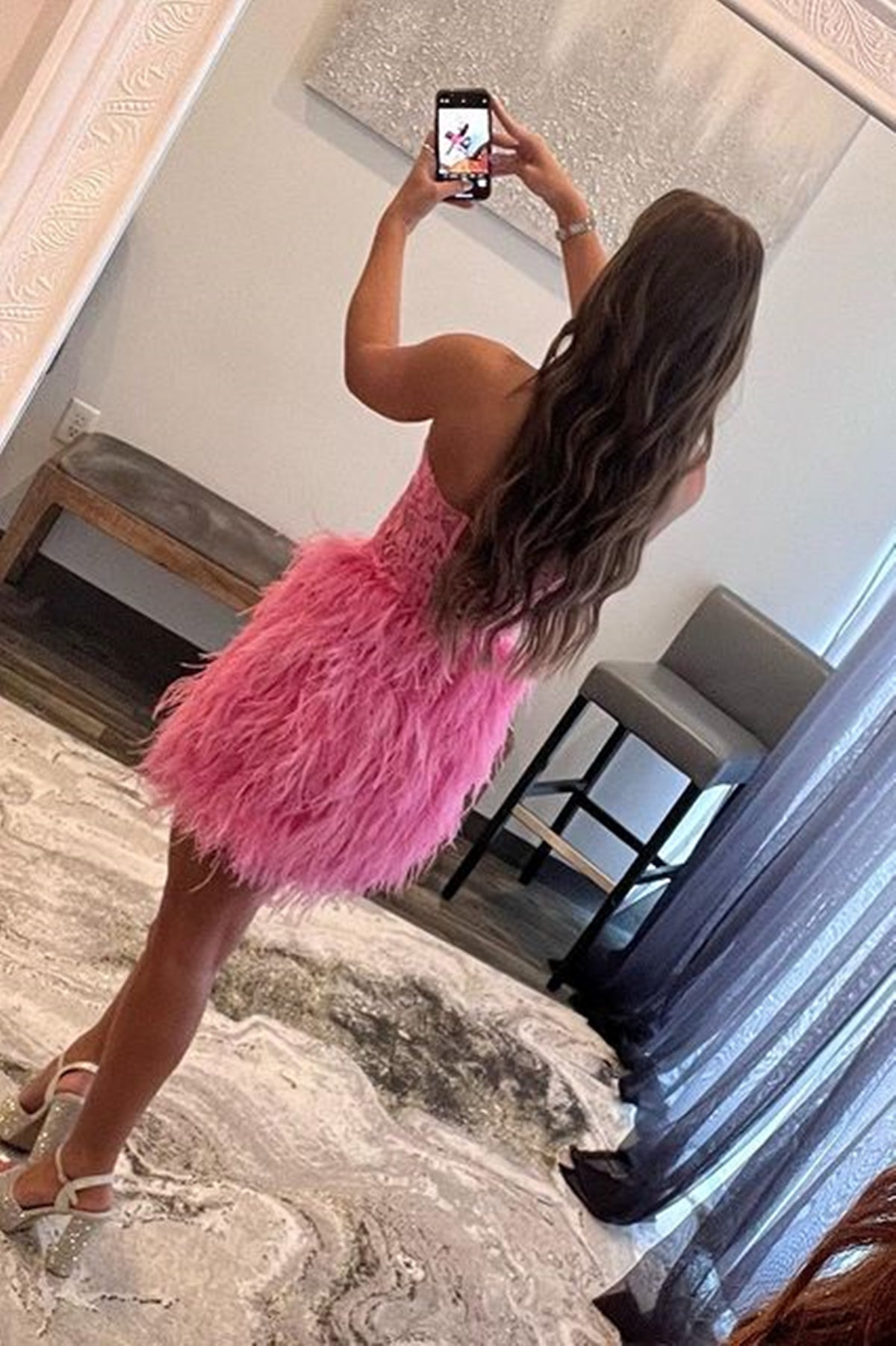 dressimeSimple Strapless Cute Lace Feather Sleeveless Homecoming Dresses 