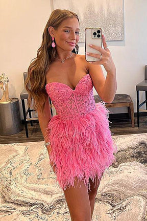 dressimeSimple Strapless Cute Lace Feather Sleeveless Homecoming Dresses 