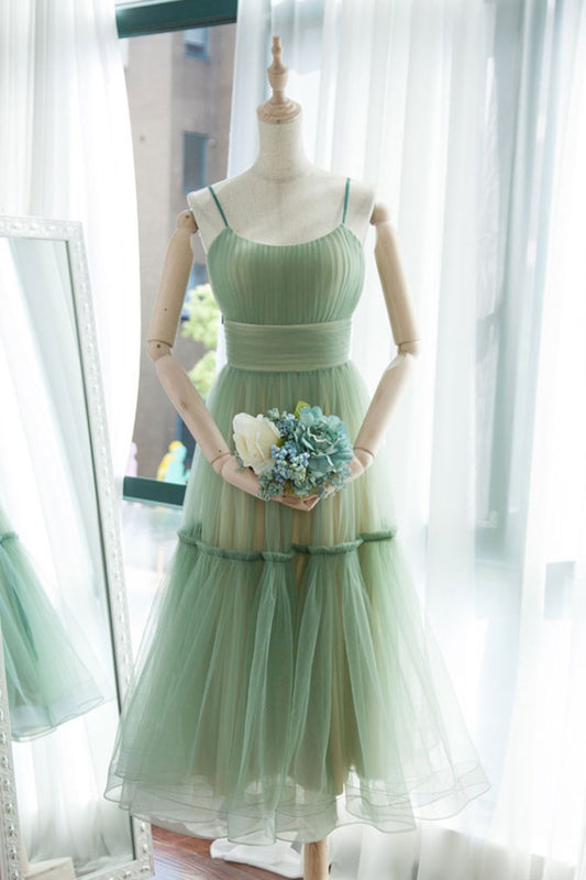 Dressime Simple Tulle Spaghetti Strap Sleeveless Pleated Prom Dresses dressime