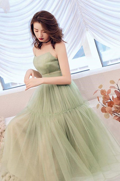 Dressime Simple Tulle Spaghetti Strap Sleeveless Pleated Prom Dresses dressime