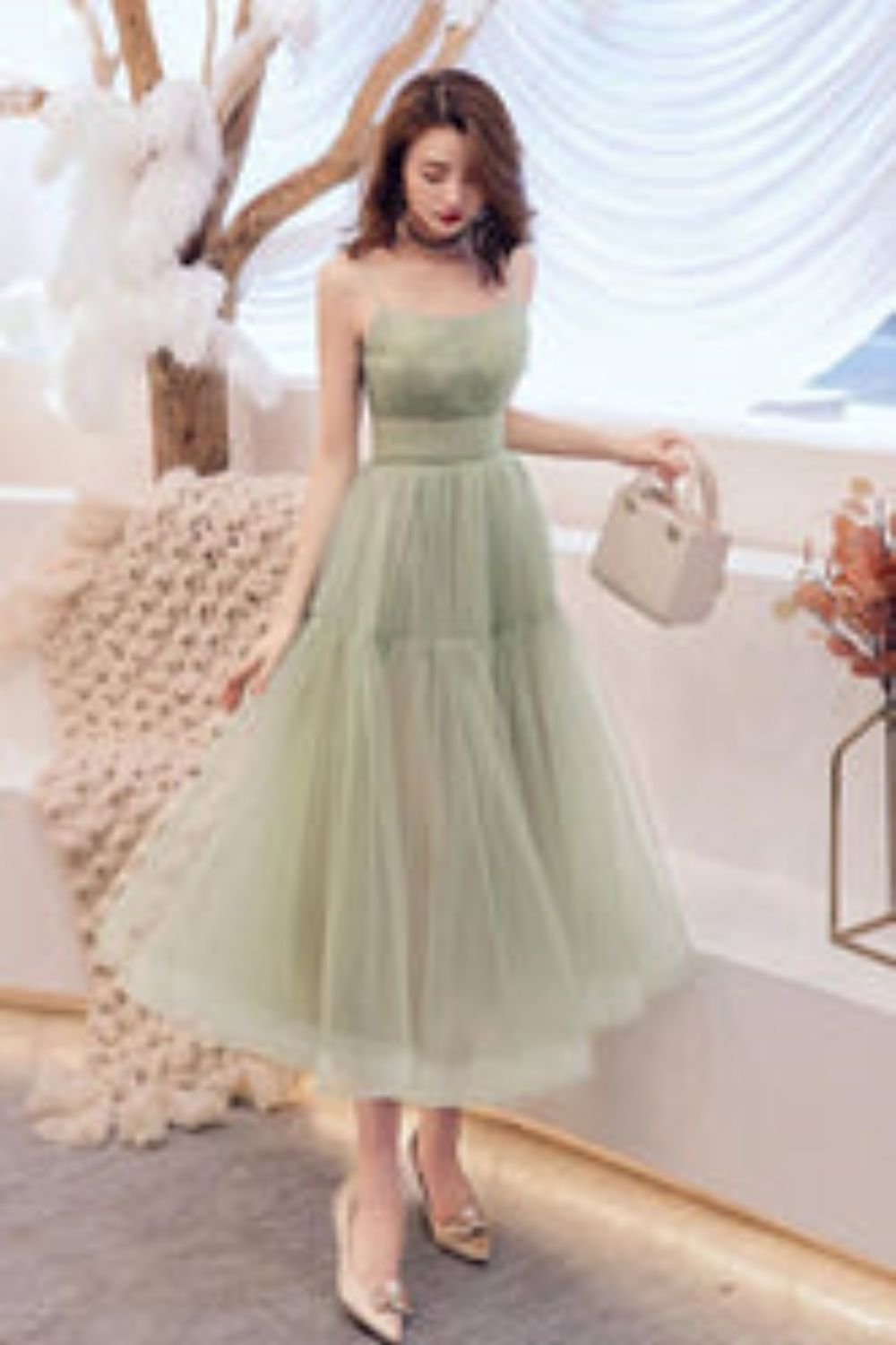 Dressime Simple Tulle Spaghetti Strap Sleeveless Pleated Prom Dresses dressime