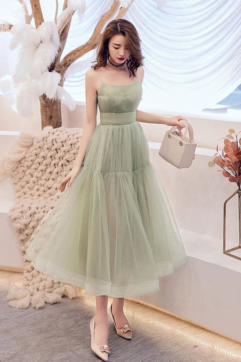 Dressime Simple Tulle Spaghetti Strap Sleeveless Pleated Prom Dresses dressime