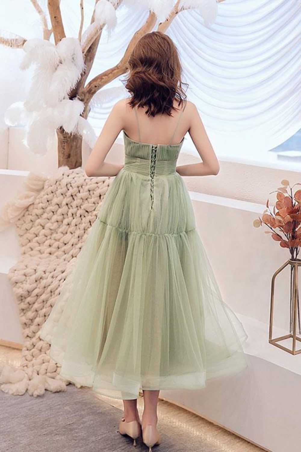 Dressime Simple Tulle Spaghetti Strap Sleeveless Pleated Prom Dresses dressime