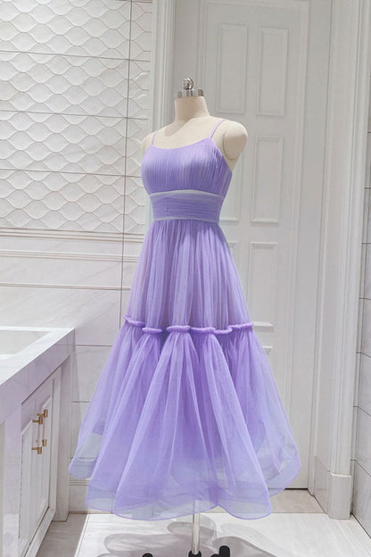 Dressime Simple Tulle Spaghetti Strap Sleeveless Pleated Prom Dresses dressime