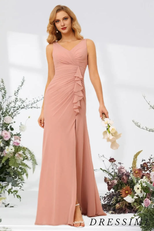 Dressime Simple V Neck Sleeveless Sheath Cheap Pleated Long Bridesmaid Dresses With Slit dressime