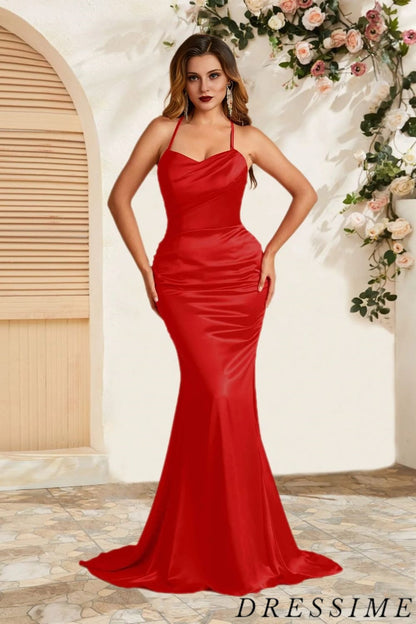 Dressime Sleek Mermaid Spaghetti Straps Satin Long Bridesmaid Dress dressime