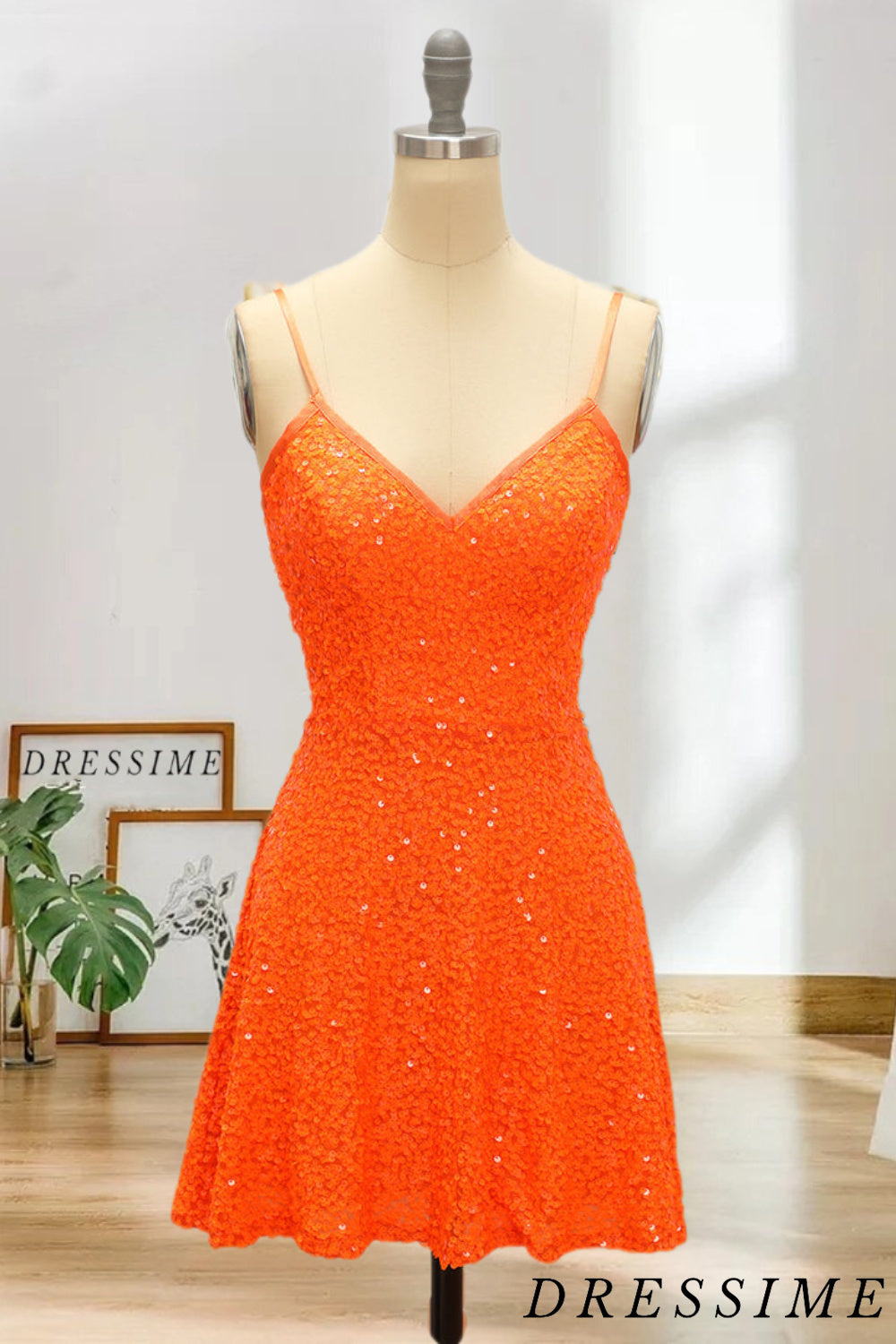 Dressime Spaghetti Straps Homecoming Cocktail Dresses A Line Sequins Short/Mini dressime