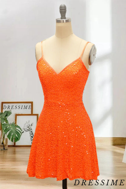 Dressime Spaghetti Straps Homecoming Cocktail Dresses A Line Sequins Short/Mini dressime