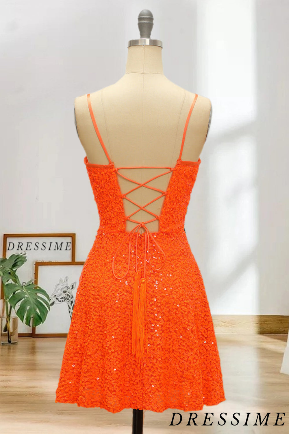 Dressime Spaghetti Straps Homecoming Cocktail Dresses A Line Sequins Short/Mini dressime