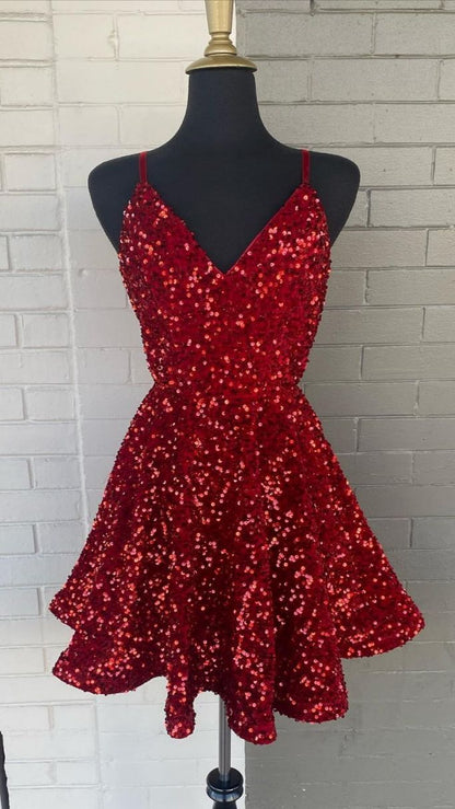 dressimeSpaghetti Straps Homecoming Dresses A Line Scoop Short/Mini Sequin Cocktail Dress 