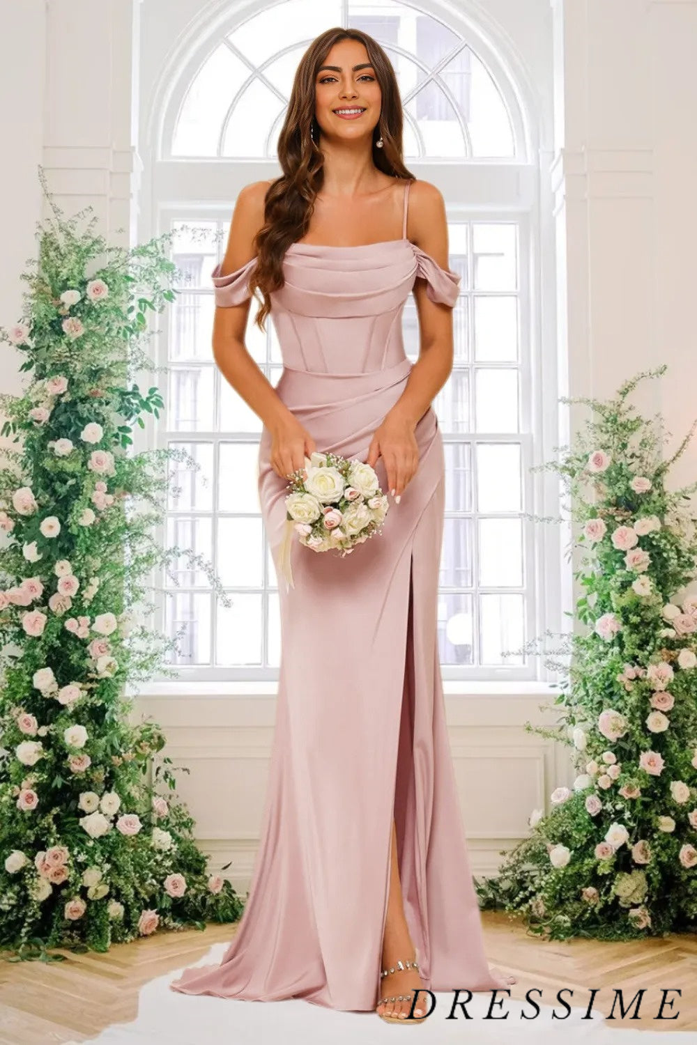 Dressime Spaghetti Straps Long Sheath Mermaid Long Pink Bridesmaid Dresses dressime