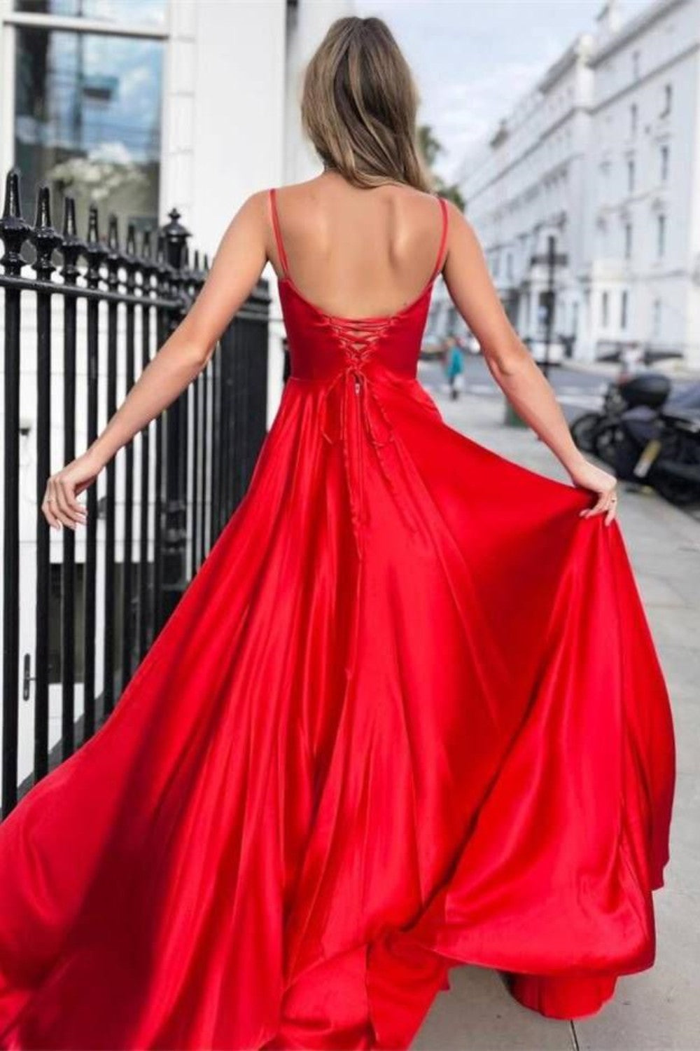 dressimeSpaghetti Straps Satin Long Red Open Back Simple Cheap Prom Dresses 