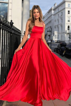 dressimeSpaghetti Straps Satin Long Red Open Back Simple Cheap Prom Dresses 