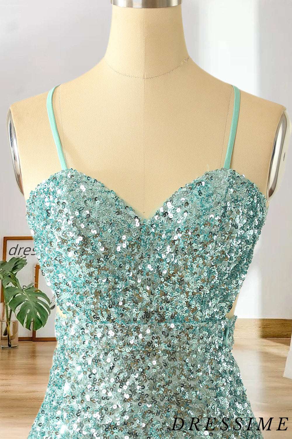 Dressime Sparkle Fitted And Sheath Spaghetti Straps Blue Homecoming Dress V Neck dressime