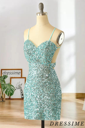 Dressime Sparkle Fitted And Sheath Spaghetti Straps Blue Homecoming Dress V Neck dressime