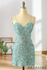 Dressime Sparkle Fitted And Sheath Spaghetti Straps Blue Homecoming Dress V Neck dressime