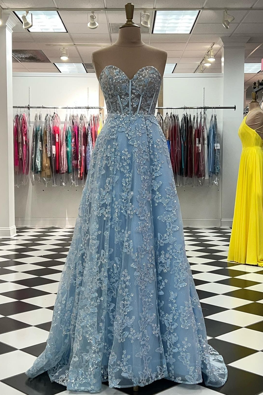 dressimeSparkle Princess Sweetheart Bustier Puff Sleeve Lace Long Prom Dresses 