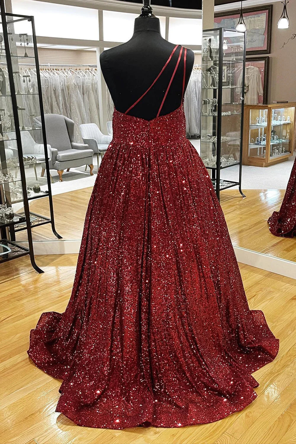 dressimeSparkly A Line One Shoulder Sequin Long Prom Dresses with Pockets 