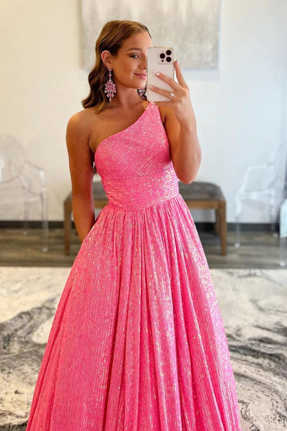 dressimeSparkly A Line One Shoulder Sequin Long Prom Dresses with Pockets 