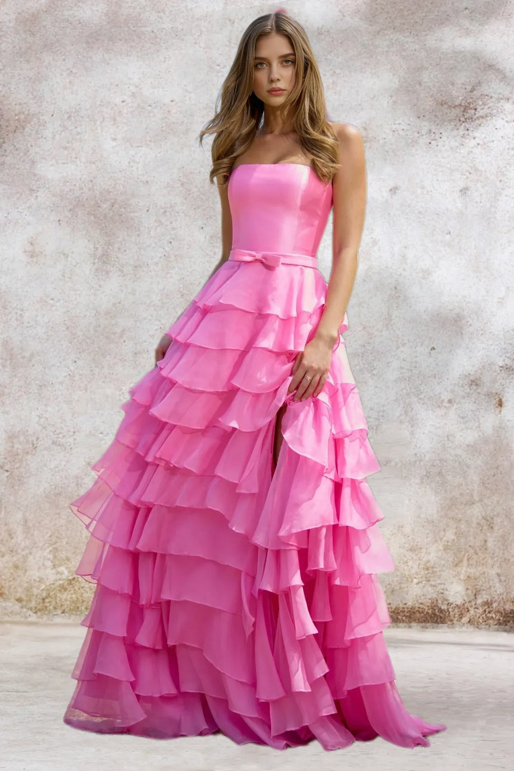 Dressime Sparkly A Line Strapless Chiffon Ruffled Tiered Long Prom Dress dressime